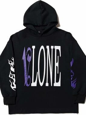 VLONE X Palm Angels Black Hoodie with White Logo & Purple Flame Accents